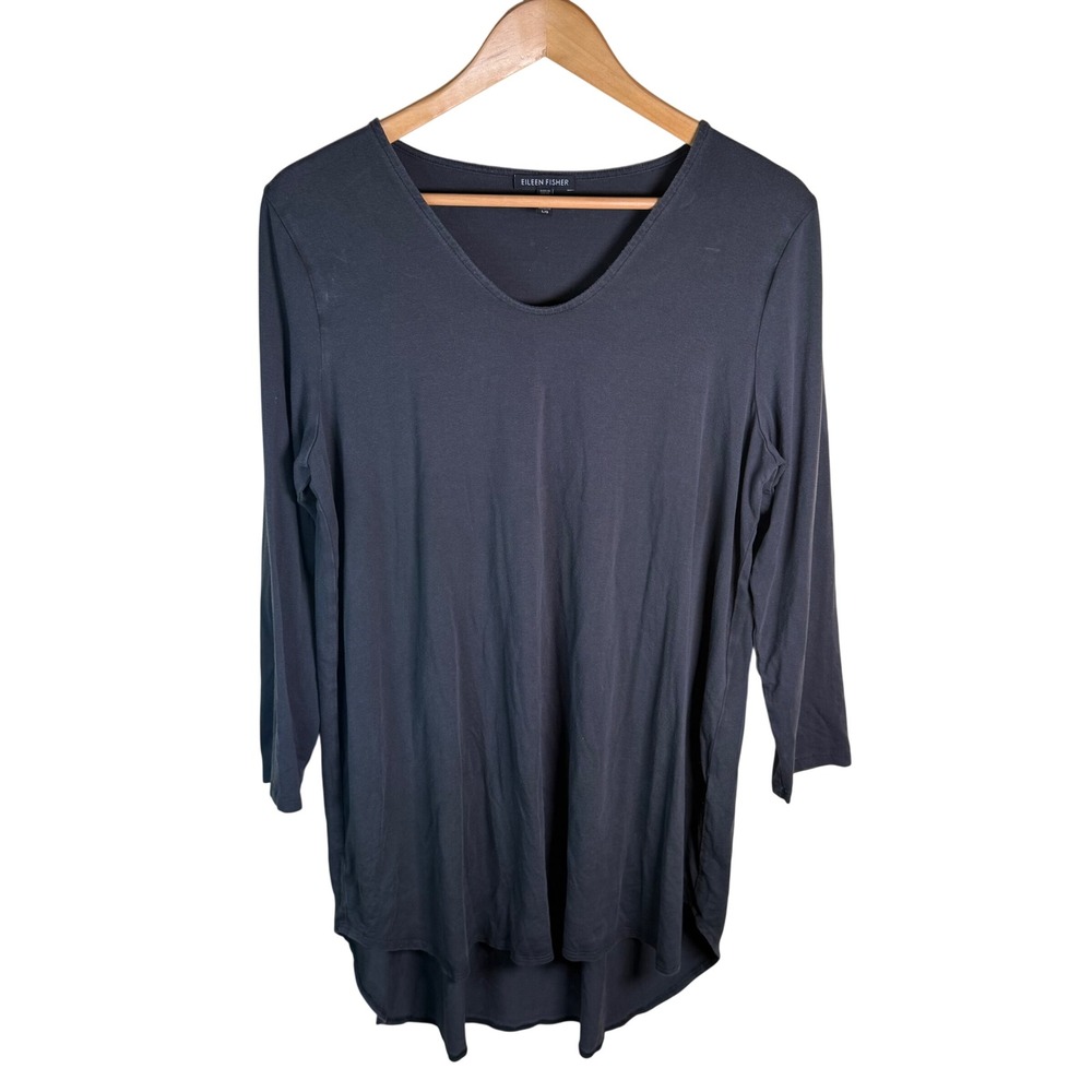 Eileen Fisher Tunic Top Womens L/G Charcoal Grey V-Neck Tencel Old Money Stretch